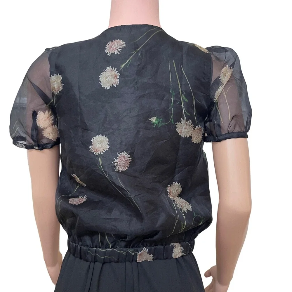 Madewell  Silk Puff Sleeve Wrap‎ Top Black Floral V-Neck Blouse XXS, fits sz 4